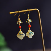 Load image into Gallery viewer, Summer Special Enamel Porcelain Inlaid Fine White Jade Pearl Clover Long Earrings Ladies Banquet Silver Jewelry
