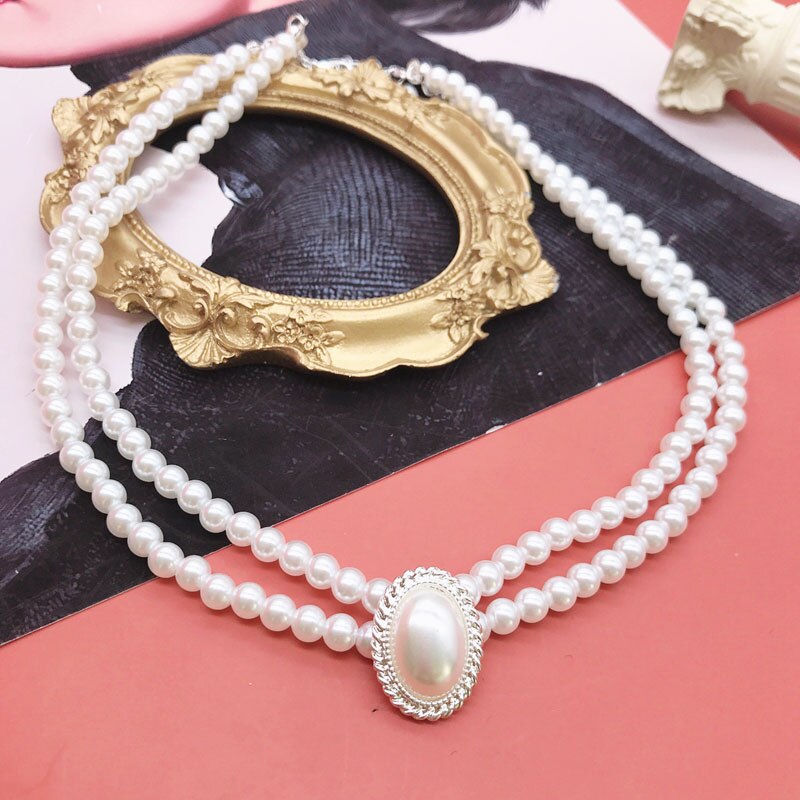 Handmade Double Strand Pearl Beaded Pendant Choker Necklace