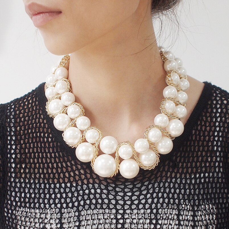 Handmade Double Strand Pearl Beaded Statement Choker Necklace