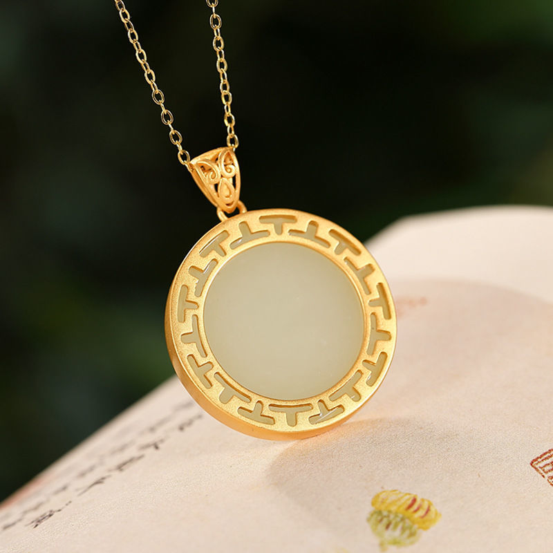 Unique Ancient Golden Craftsmanship Inlaid Natural Fine White Jade Round Pendant Necklace