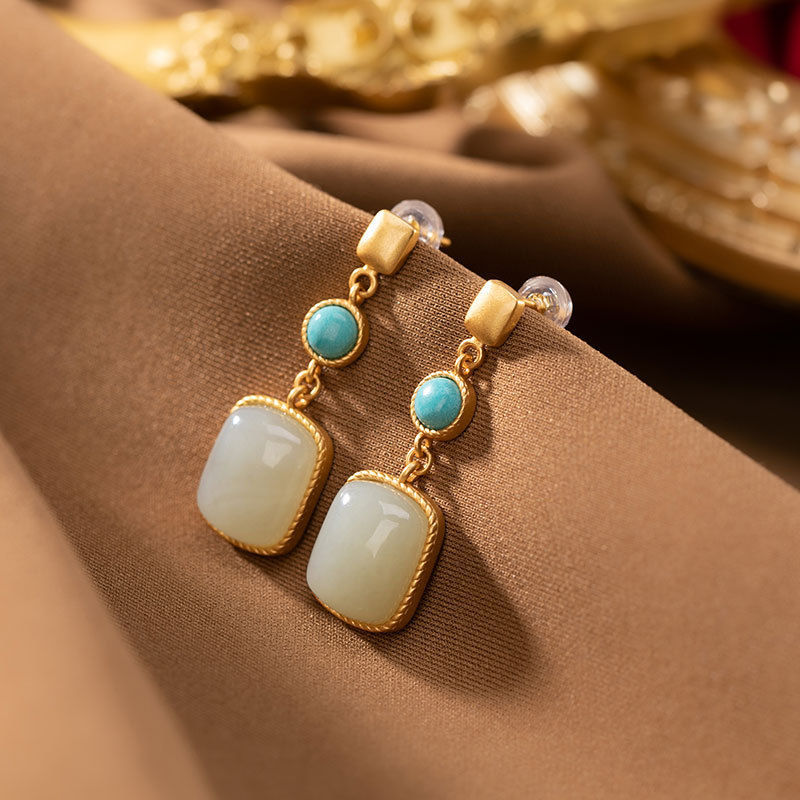 Unique Creative Craftsmanship Inlaid Natural Fine White Jade Turquoise Earrings Retro Ladies Silver Jewelry