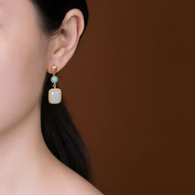 Load image into Gallery viewer, Unique Creative Craftsmanship Inlaid Natural Fine White Jade Turquoise Earrings Retro Ladies Silver Jewelry
