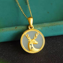 Load image into Gallery viewer, Unique Fine White Jade Deer Pendant Necklace Round Silver Niche Design Necklace
