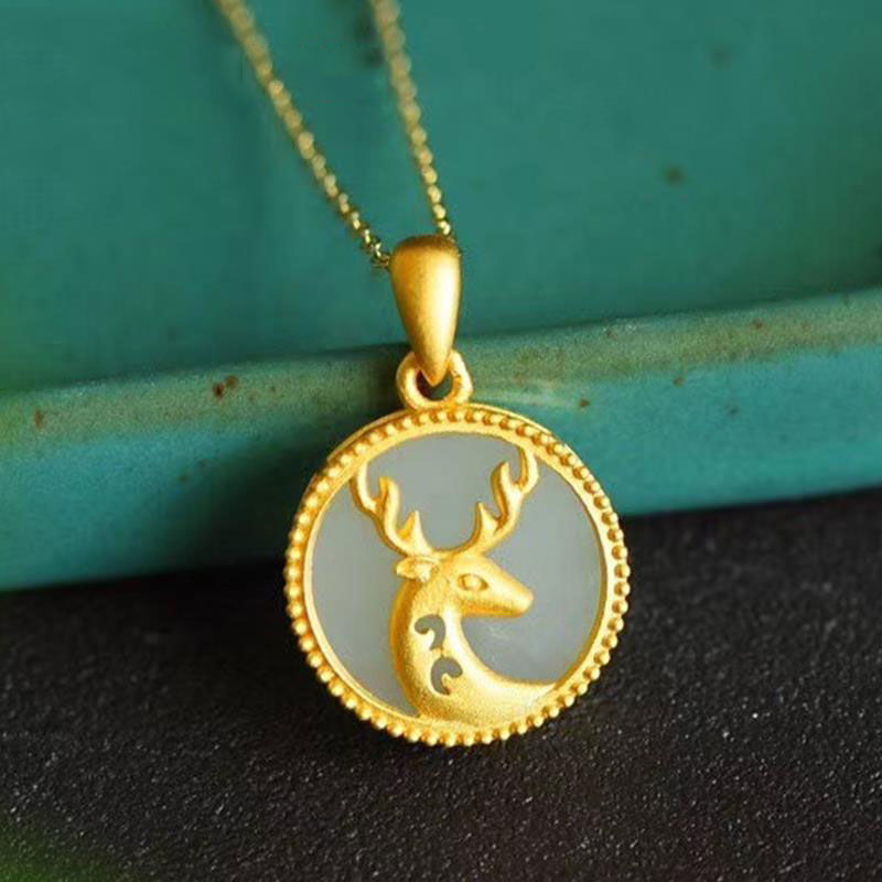 Unique Fine White Jade Deer Pendant Necklace Round Silver Niche Design Necklace