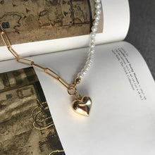 Load image into Gallery viewer, Half Chain Half Freshwater Pearl Vintage Heart Pendant Necklace
