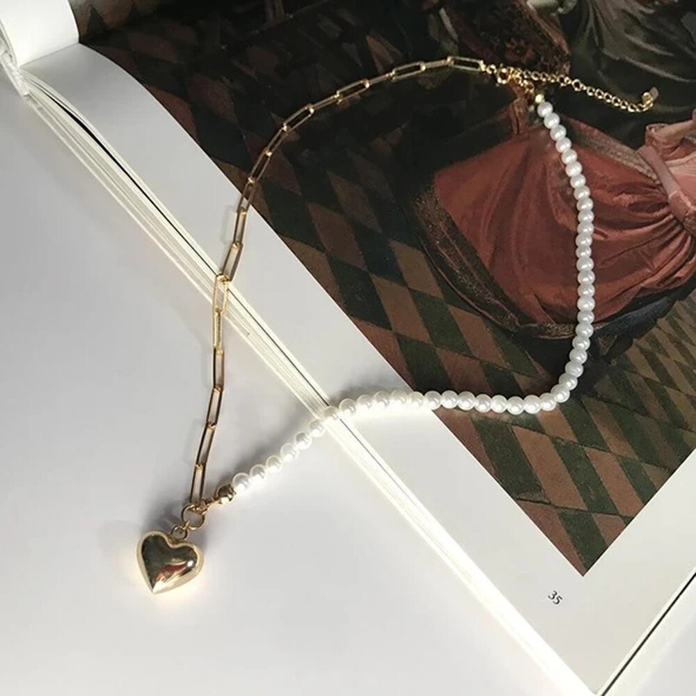 Half Chain Half Freshwater Pearl Vintage Heart Pendant Necklace