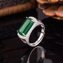 Load image into Gallery viewer, Lokaloca Natural Green Emerald Jade Silver Men&#39;s Jewelry Ring
