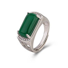 Load image into Gallery viewer, Lokaloca Natural Green Emerald Jade Silver Men&#39;s Jewelry Ring
