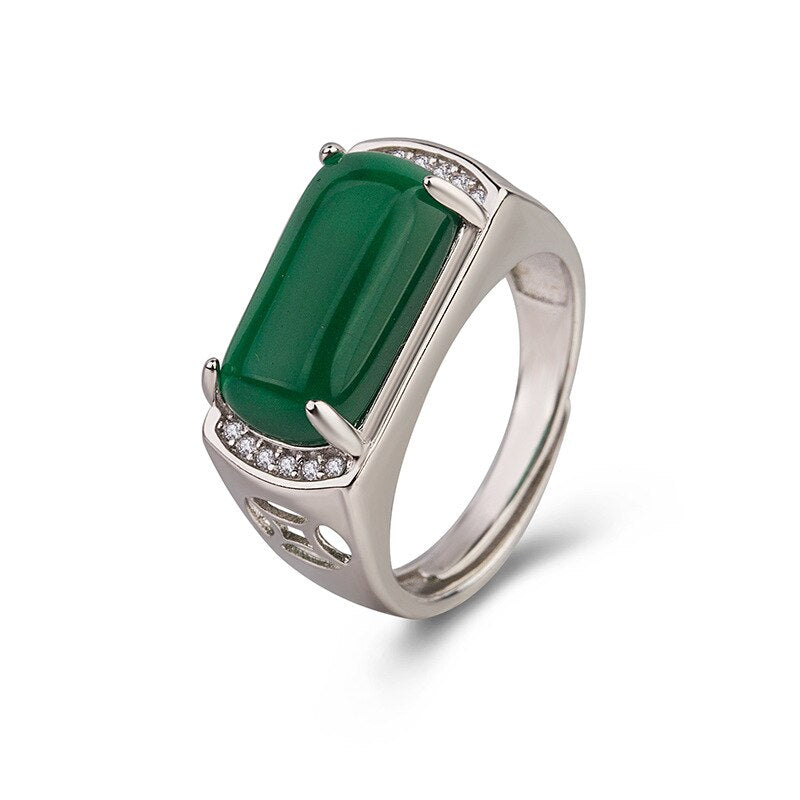 Lokaloca Natural Green Emerald Jade Silver Men's Jewelry Ring