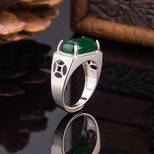 Load image into Gallery viewer, Lokaloca Natural Green Emerald Jade Silver Men&#39;s Jewelry Ring
