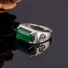 Load image into Gallery viewer, Lokaloca Natural Green Emerald Jade Silver Men&#39;s Jewelry Ring
