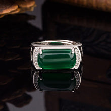 Load image into Gallery viewer, Lokaloca Natural Green Emerald Jade Silver Men&#39;s Jewelry Ring
