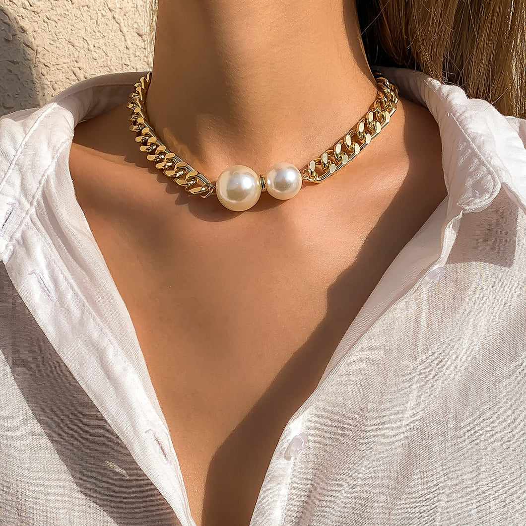 Vintage Cuban Link Chain Gothic Pearl Charm Choker Necklace