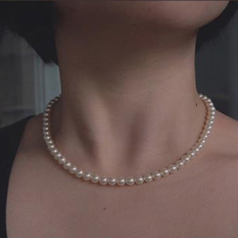 Minimalist Vintage 4/5/6/8/10MM Pearl Beaded Chain Choker Necklace