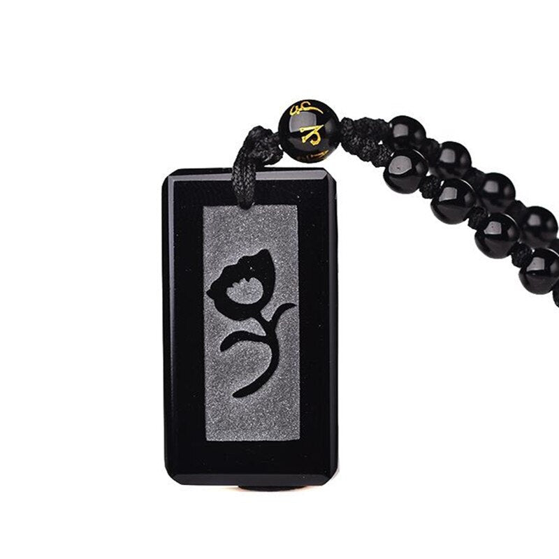 Handcrafted Natural Black Obsidian Pendant Necklace with Rose Relief