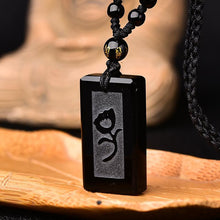 Load image into Gallery viewer, Handcrafted Natural Black Obsidian Pendant Necklace with Rose Relief
