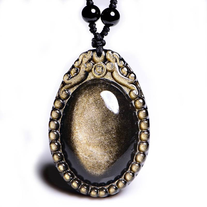 Handcrafted Natural Golden Obsidian Magic Mirror Lucky Pendants Necklace