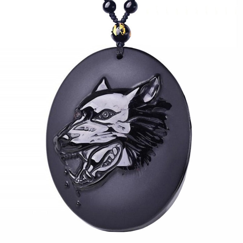 Handcrafted Natural Obsidian Wolf Totem Pendant Necklace