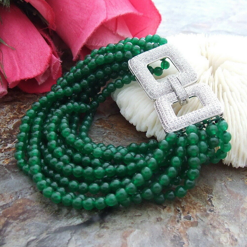 Loakloca Luxury 12 Strands Natural Green Jade Beaded Bracelet