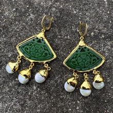 Load image into Gallery viewer, Lokaloca Natural Green Jade Skirt Pendant Freshwater Pearl Drop Earrings
