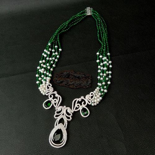 Lokaloca Natural Green Jade Freshwater Pearl Beaded Pendant Choker Necklace