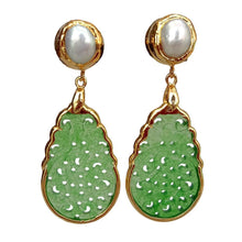 Load image into Gallery viewer, Lokaloca Natural Green Jade Fortune Pendant Freshwater Pearl Drop Earrings
