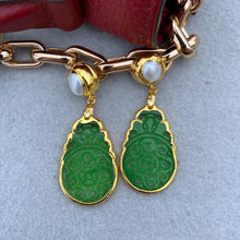 Load image into Gallery viewer, Lokaloca Natural Green Jade Fortune Pendant Freshwater Pearl Drop Earrings
