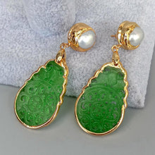 Load image into Gallery viewer, Lokaloca Natural Green Jade Fortune Pendant Freshwater Pearl Drop Earrings
