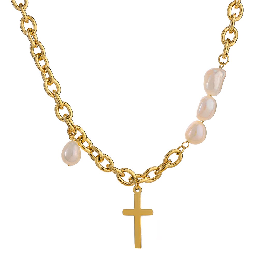 Natural Freshwater Pearl Beaded Gold Plated Cross Pendant Necklace for Ladies