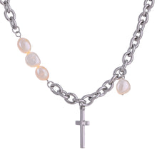 Load image into Gallery viewer, Natural Freshwater Pearl Beaded Gold Plated Cross Pendant Necklace for Ladies
