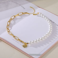 Load image into Gallery viewer, Sweetheart Half Cuban Link Half Pearl Heart Pendant Choker Choker Necklace
