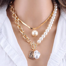 Load image into Gallery viewer, Renaissance Multilayer Half Cuban Link Chain Half Pearl Toggle Clast Baroque Pearl Pendant Choker Necklace
