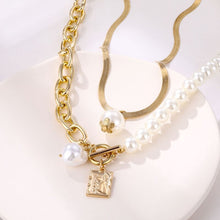 Load image into Gallery viewer, Renaissance Multilayer Half Cuban Link Chain Half Pearl Toggle Clast Baroque Pearl Pendant Choker Necklace
