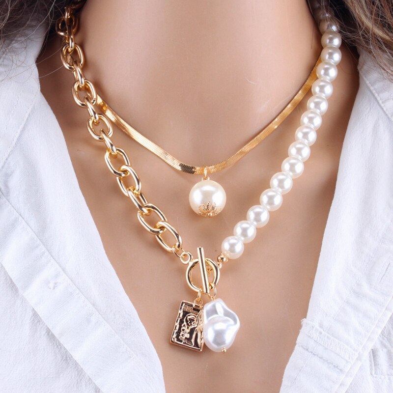 Renaissance Multilayer Half Cuban Link Chain Half Pearl Toggle Clast Baroque Pearl Pendant Choker Necklace