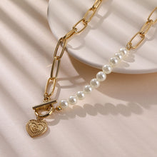 Load image into Gallery viewer, Tenderness Half Chain Half Pearl Beaded Cuban Link Chain Toggle Clasp Heart Pendant Necklace
