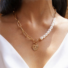 Load image into Gallery viewer, Tenderness Half Chain Half Pearl Beaded Cuban Link Chain Toggle Clasp Heart Pendant Necklace
