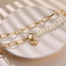 Load image into Gallery viewer, Tenderness Half Chain Half Pearl Beaded Cuban Link Chain Toggle Clasp Heart Pendant Necklace
