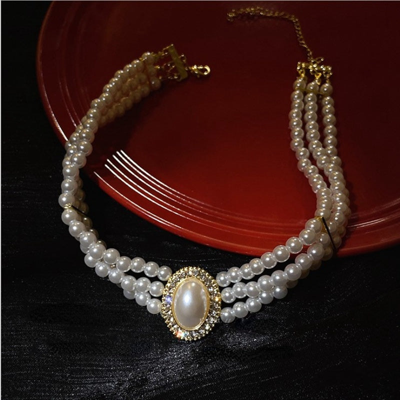 Handmade Multi Strands Pearl Beaded Oval Pendant Necklace Choker