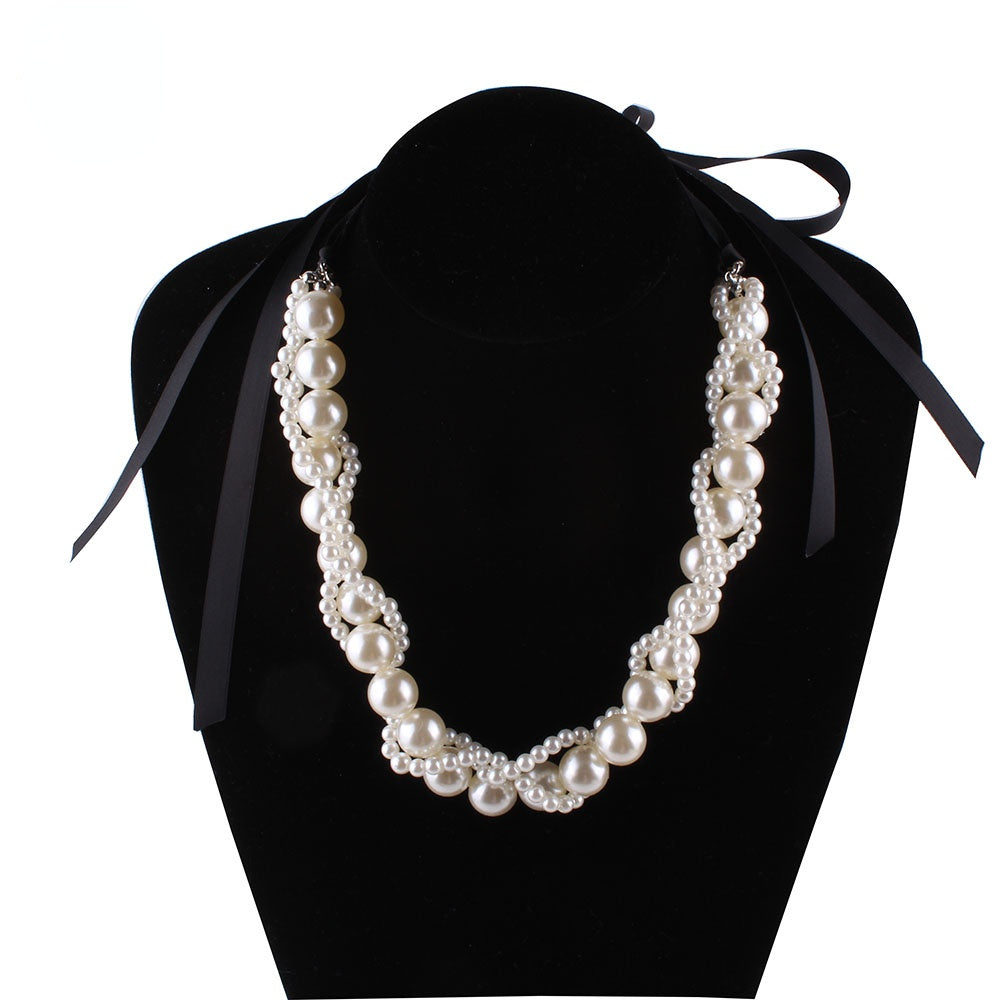 Graceful Black Ribbon Pearl Beaded Choker Necklace for Ladies