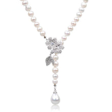 Load image into Gallery viewer, Natural White Freshwater Pearl Beaded Blossom Pendant Long Necklace for Ladies
