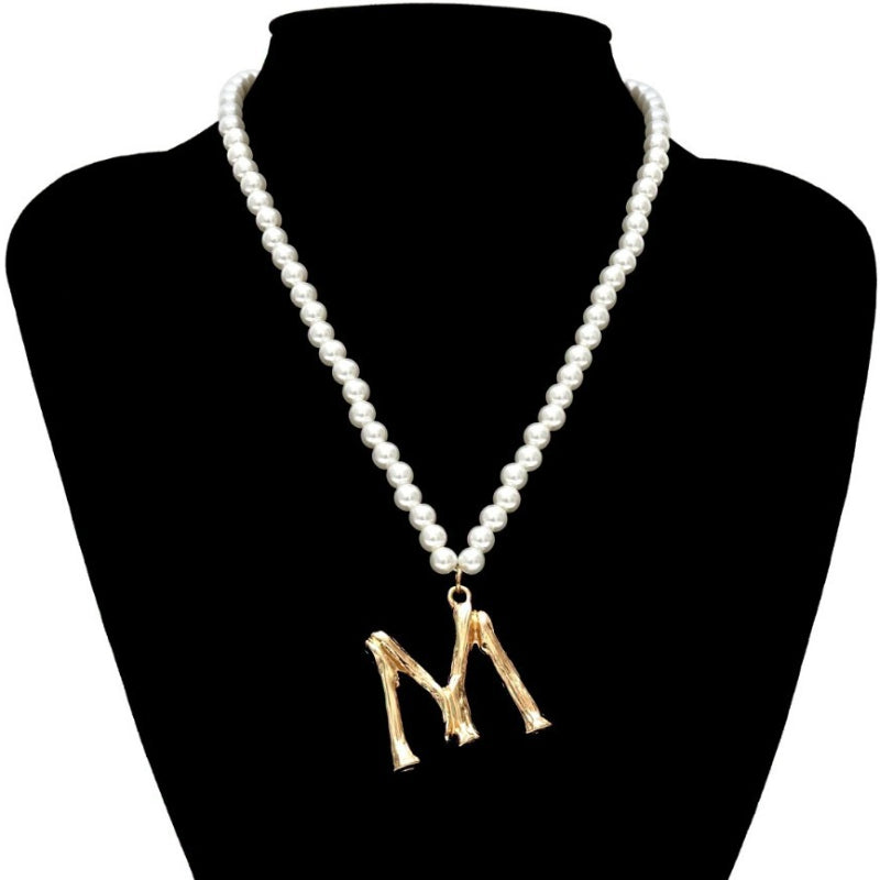 Designer A-Z Pearl Beaded Letter Pendant Initial Necklace