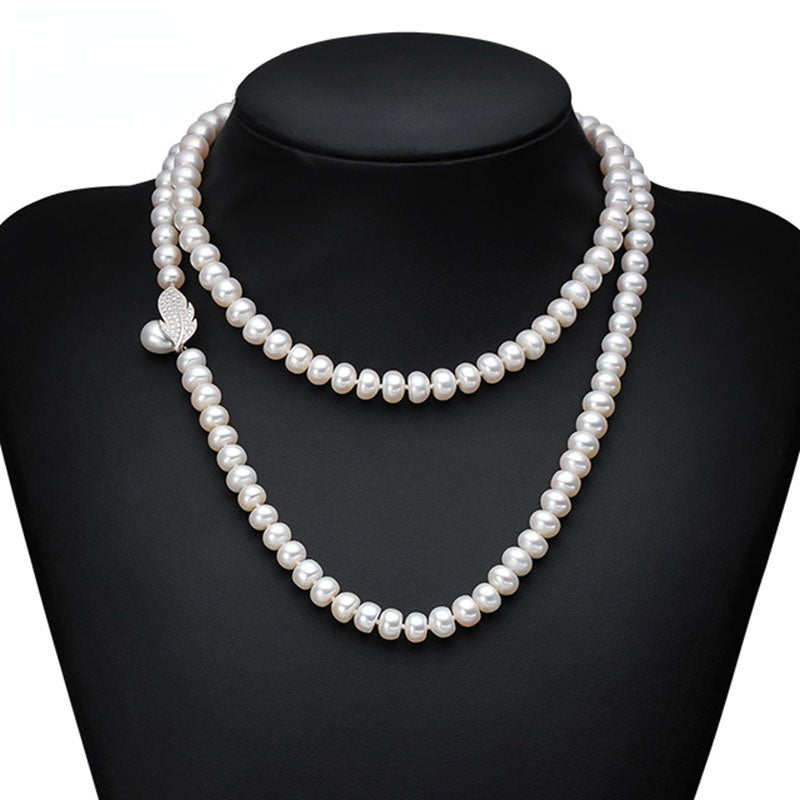 Double Strands Natural White Freshwater Pearl Beaded Long Necklace for Ladies