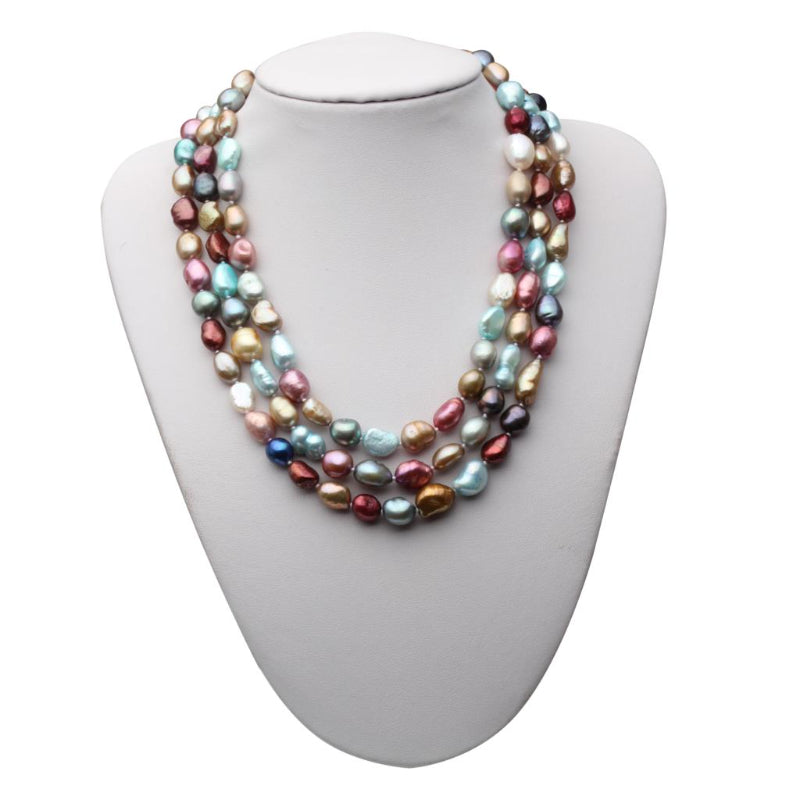 Three Strands Natural Multi Color Freshwater Pearl Beaded Necklace