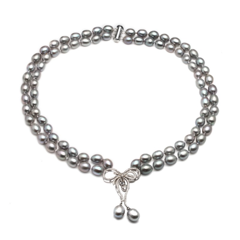 Double Strands Natural Gray Freshwater Pearl Beaded Pendant Necklace for Ladies