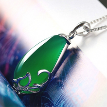 Load image into Gallery viewer, Lokaloca Natural Green Jade Chalcedony Water Drop Pendant 925 Silver Jewelry Necklace
