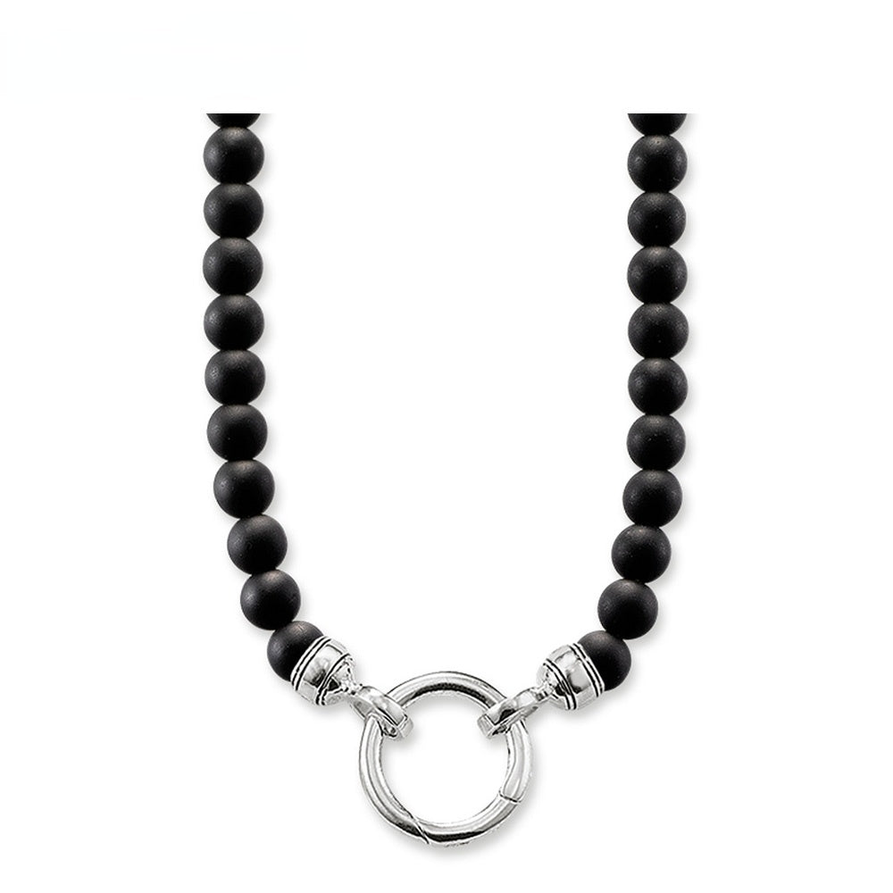 Natural Black Obsidian Beaded 925 Sterling Silver Circle Pendant Necklace