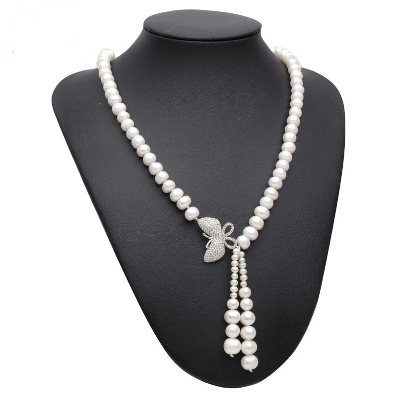 Natural Freshwater Pearl Beaded 925 Silver Butterfly Pendant Necklace for Ladies