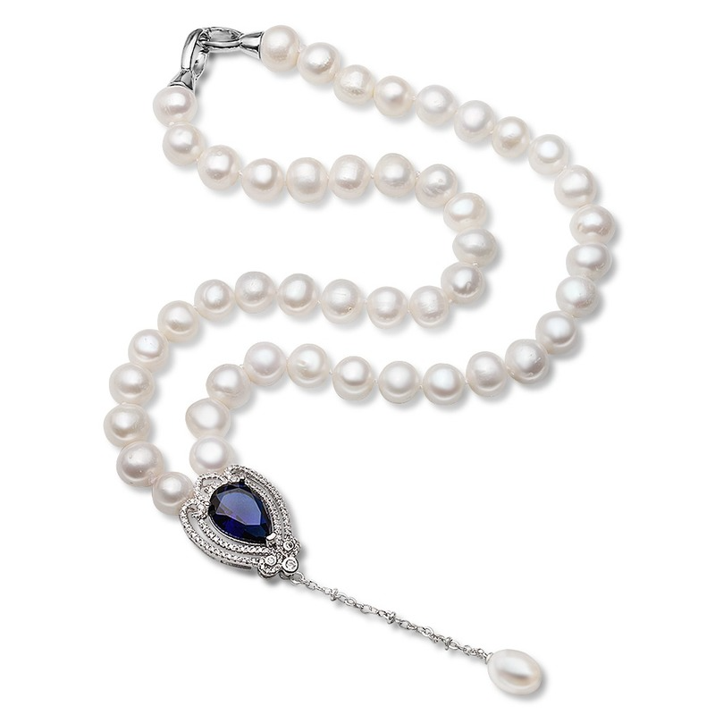 Luxury Natural Big Size Freshwater Pearl Sapphire Crystal Pendant Necklace for Ladies