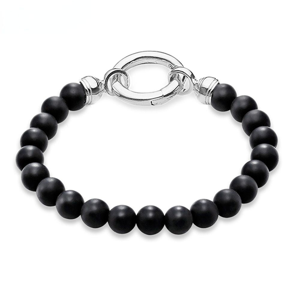 Natural Black Obsidian Beaded With Silver circle Clasp Charm Bracelet