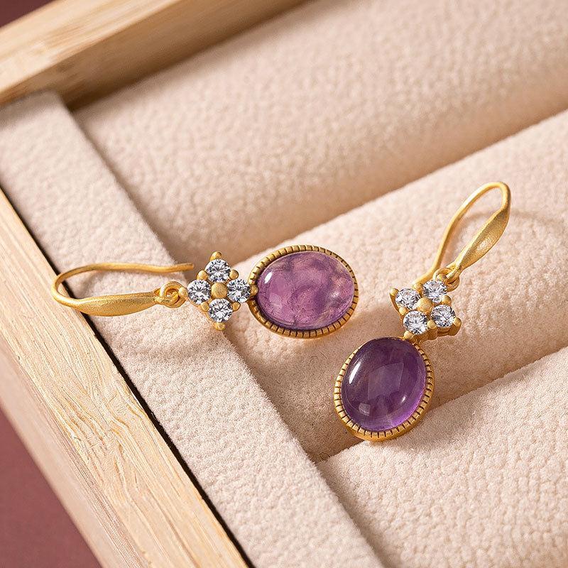 Natural Amethyst Earrings Vintage Style Retro Unique Craft Luxury Charm Women Silver Jewelry